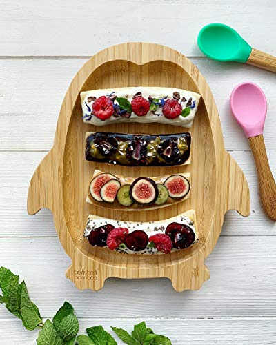 Plato con ventosa para bebé, diseño de pingüino, bambú natural naranja naranja
