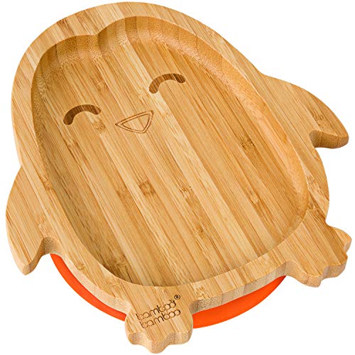 Plato con ventosa para bebé, diseño de pingüino, bambú natural naranja naranja