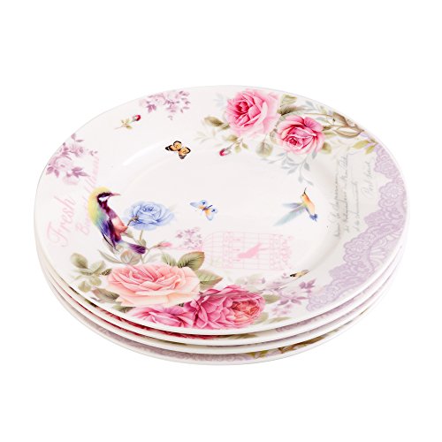 Plato de postre de porcelana fina China lateral para tartas, Rose Bird Butterfly, 8" 20cm