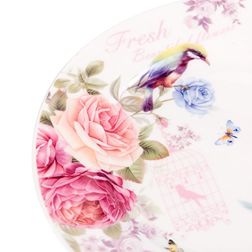 Plato de postre de porcelana fina China lateral para tartas, Rose Bird Butterfly, 8" 20cm