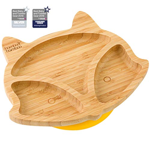Plato de succión para bebés y niños con forma de zorro, plato de bambú natural amarillo amarillo