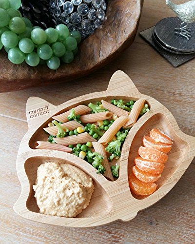 Plato de succión para bebés y niños con forma de zorro, plato de bambú natural cereza