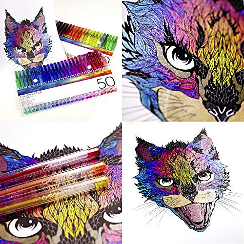 Plumas con purpurina 100 de Chromatek. Los mejores colores. 200% La tinta: 50 plumas de gel, 50 recargas. Super Glittery Ultra Vivid Colors. No se repite. Bolígrafos profesionales de arte.
