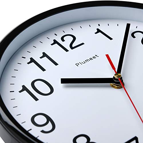 Plumeet 25 cm Reloj de Cuarzo de Pared silencioso, Decorativo para el hogar/la Cocina/la Oficina/la Escuela, fácil Leer y con Pilas (Negro)