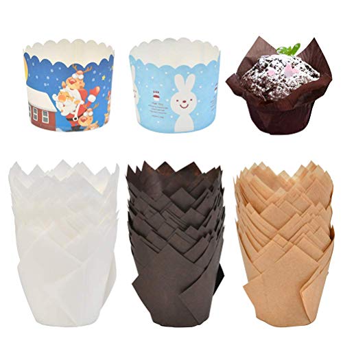 POKIENE Tazas para Hornear 150 Piezas, Caja de Papel de Repostería, Moldes para Hornear Tulipanes, Papel para Hornear en Forma de Tulipán para Magdalenas Magdalenas - 3 Colores