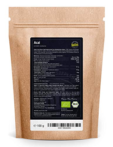 Polvo de azaí orgánico 100 g liofilizado - freeze dried - pulpa - polvo de fruta - Brasil - Euterpe precatoria - llenado y verificado en Alemania (DE-ÖKO-005)