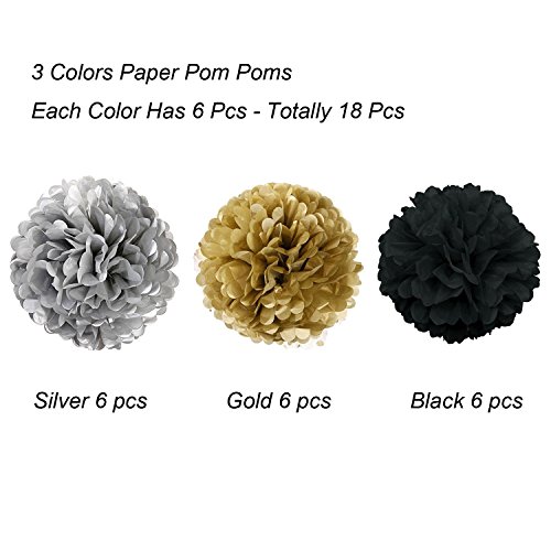 Pompon de papel de seda, bolas de papel en forma de flor para fiestas de cumpleanos, bodas, baby shower, shower de novia o decoracion de festivales, 18 unidades , Negro, oro y plata