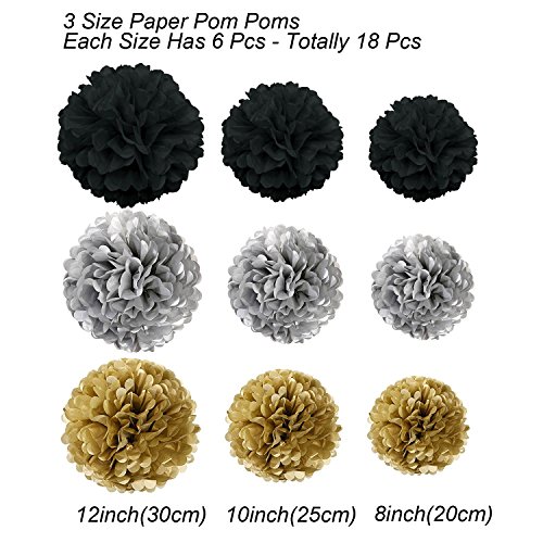 Pompon de papel de seda, bolas de papel en forma de flor para fiestas de cumpleanos, bodas, baby shower, shower de novia o decoracion de festivales, 18 unidades , Negro, oro y plata