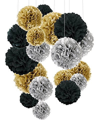 Pompon de papel de seda, bolas de papel en forma de flor para fiestas de cumpleanos, bodas, baby shower, shower de novia o decoracion de festivales, 18 unidades , Negro, oro y plata