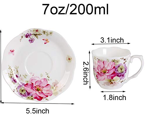 Porcelana Juegos de Café Taza de 7oz - Regalo de Vacacione Racimo De Flores Impreso Set de Tazas de Té Nueva Porcelana de Hueso Juego de Tazas y Platillos de Café Para Mocha Capuccino, Café con Leche