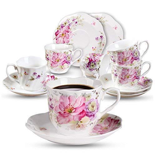 Porcelana Juegos de Café Taza de 7oz - Regalo de Vacacione Racimo De Flores Impreso Set de Tazas de Té Nueva Porcelana de Hueso Juego de Tazas y Platillos de Café Para Mocha Capuccino, Café con Leche