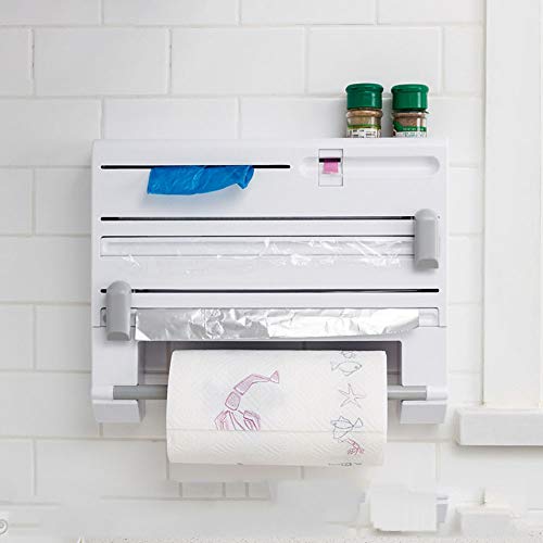 Portarrollos Pared Cocina Dispensador De Rollos Cortador De Papel De Aluminio Película Adhesiva Rollo De Papel Bolsa De Basura Cinta Soportes Estante 6 En 1 (Blanco)