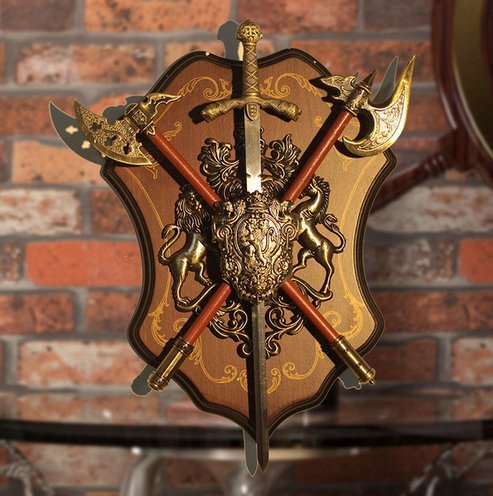Powzz ornament Esparta Escudo Espada Romana Antigua Decoración Mural Antique Escudo con Armadura Hacha Medieval Lion Ornament Artesanía Ktv Bar para Colgar En Pared