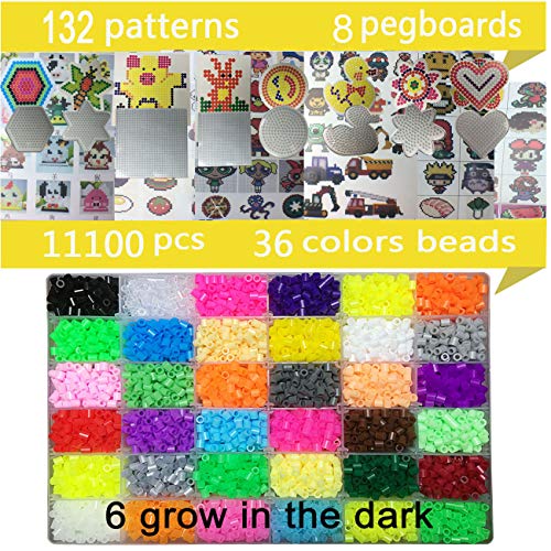 PPEEGOO Lote de 11100 Abalorios Perler,5mm 36 Colors (6 Brillar en Oscuridad) 8 Plantillas 4 Pinzas + Papel de Hierro de los Granos DIY de Perler Caja de fusibles de 5 mm Hama Beads