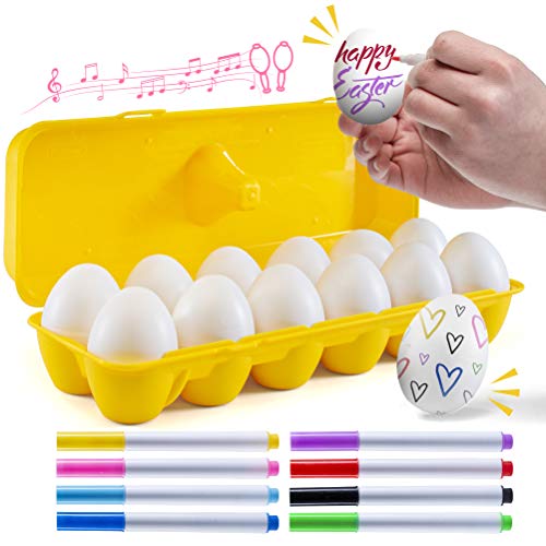 PREXTEX 12 Juguete de percusión Musical Maracas Egg Shakers - 12 Huevos de Pascua de plástico Blanco en cartón con 8 marcadores de Color - Gran Juguete de Aprendizaje de Ritmo para niños