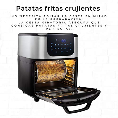 Princess 182070 - Horno Aerofryer Deluxe, Volumen 11 litros, Cesta Giratoria, 1800 W, Negro, Acero Inoxidable