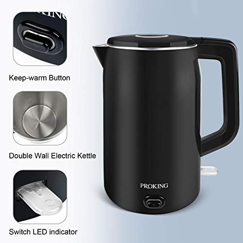 PROKING Hervidor Eléctrico, Hervidor de Agua Hervidor de Acero Inoxidable de 1500 W 1.7L, Diseño de Doble Pared, sin BPA, Hervidor de Té Retro,Base 360º, Filtro Antical, Apagado Automático (Negro)