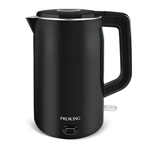 PROKING Hervidor Eléctrico, Hervidor de Agua Hervidor de Acero Inoxidable de 1500 W 1.7L, Diseño de Doble Pared, sin BPA, Hervidor de Té Retro,Base 360º, Filtro Antical, Apagado Automático (Negro)