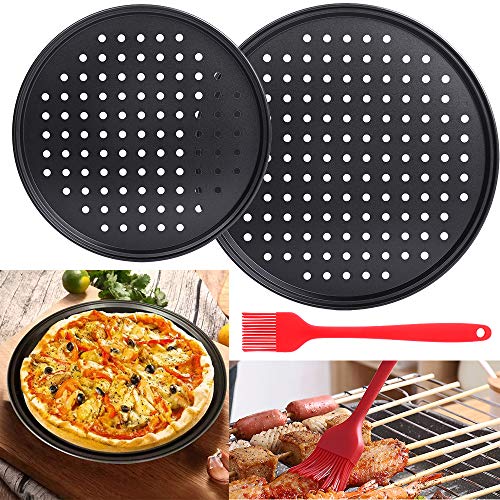 Prokitchen Juego de 2 Bandejas Pizza Horno Redondas, Bandejas de Pizza de 2 Tamaño Ø 28 cm y Ø 32cm, Antiadherentes y Perforadas, Acero al Carbono, Gris
