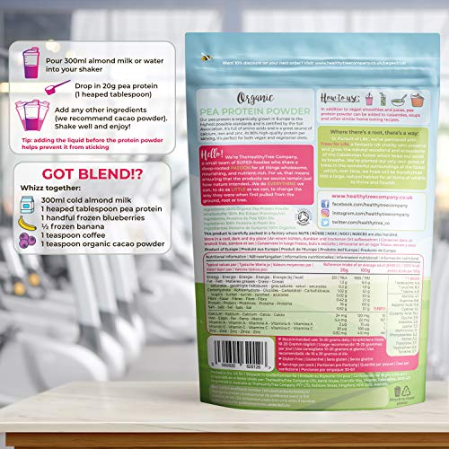 Proteína de Guisante Orgánico en Polvo de TheHealthyTree Company - 80% Europeo + Proteína Vegana, Alta en Aminoácidos, Hierro, Zinc y BCAA (600 g)