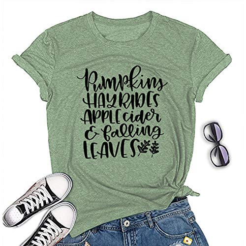 Pumpkins Hayrides manzana sidra y hojas que caen camiseta de las mujeres graciosas carta de acción de gracias impreso gráfico otoño camiseta Tops Verde verde S