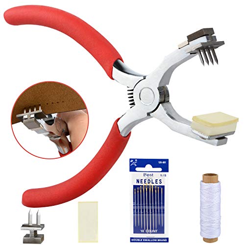 Punzón para orificios de cuero, perforador de orificios para cinturón, herramienta de pinza giratoria para trabajos pesados Power Assist con accesorios de repuesto, rojo