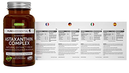 Pure & Essential Complejo de Astaxantina natural & sostenible, 42 mg de AstaPure, con luteína & zeaxantina, vegano, 90 cápsulas