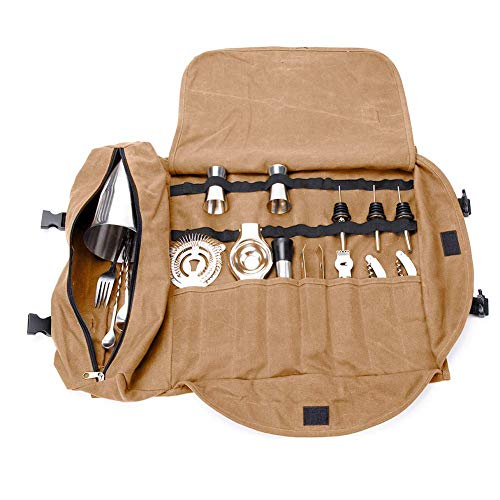 QEES - GJB309 - Kit de barman, bolsa de transporte, grande, portátil, para hacer cócteles en el hogar y en el lugar de trabajo, bolsa de herramientas para viajes 15.7"x 3.5"x 3.1" caqui