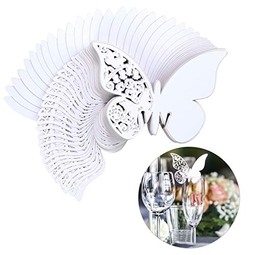 QH-Shop Tarjeta de Copa Mariposa 100 Piezas 3D Hollow Mariposa Nombre Lugar para Boda Invitaciones Regalo Detalle de Boda Cumpleaño Communion Blanco