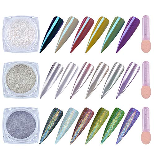 QIMEIYA 3 cajas polvos purpurina glitter nail art para decoracion uñas efecto unicornio cromo neón holo plata pigmento manicura