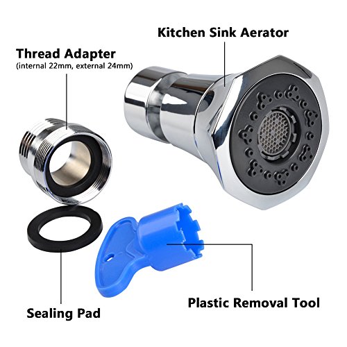 QLOUNI Ahorra Agua Aireador Desmontable para Grifos de Cocina - Exterior Macho de 24 mm y Rosca Interior Hembra de 22 mm Girar de 360 Grados con 2 Tipos de Tipos de Chorro