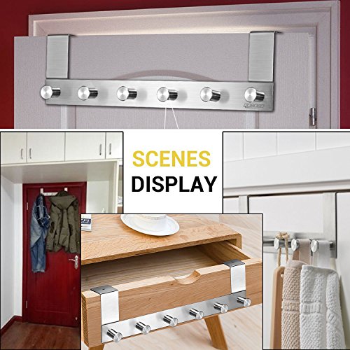 qobobo Colgadores Gancho Puerta Acero inoxidable Perchero Colgador Percha para Ropa Cajones Toallas Guantes Bolsos Armarios Baño Cocina Oficina-6 ganchos (para la puerta inferior a 42 mm)