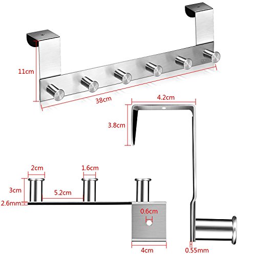 qobobo Colgadores Gancho Puerta Acero inoxidable Perchero Colgador Percha para Ropa Cajones Toallas Guantes Bolsos Armarios Baño Cocina Oficina-6 ganchos (para la puerta inferior a 42 mm)