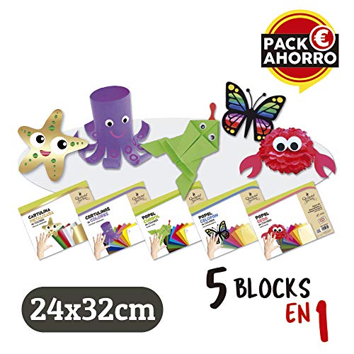 Quijote Paper World Bloc de Papel Multiples, Cartulinas, Charol, Seda, Celofán, C.Metalizadas, Papel Manuladidades, 42 Hojas para manualidades, dibujo, diseños,etc. Blanco Y multicolor.