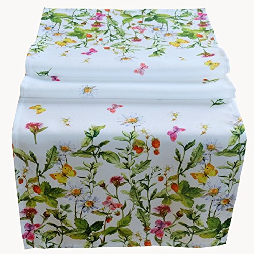 Raebel Camino de mesa 40 x 140 cm, mantel de Pascua, decoración de mesa, primavera, color blanco, multicolor flores y mariposas