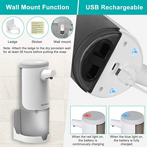 Railee Dispensador Jabón Automático, Dispensador de Jabón Eléctrico con Sensor de Infrarrojos Dispensador Jabon Impermeable IPX4 Recargable Dosificador Jabon Espuma con USB para Cocina/Baño, 450ml
