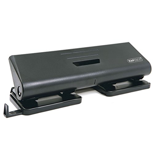 Rapesco 75-P Perforadora de papel 4 agujeros y 16 hojas de capacidad con guía para perforar con precisión, Negro