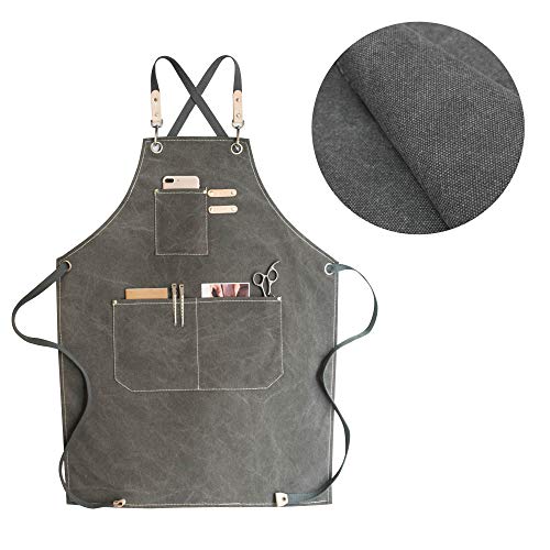 RAPRON Ajustable Delantal de Trabajo Mandil de 100% Algodón Unisex con Diseño de Espalda Correas Cruzadas de Moda para Cafetería Tienda de Postres Restaurante para cocinar/Hornear/Asar