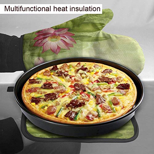 Rcivdkem Oven Mitt and Pot Holders, 2 Piece Set, Lotus Pink Flowers Vintage Cotton Lining Waterproof BBQ Gloves