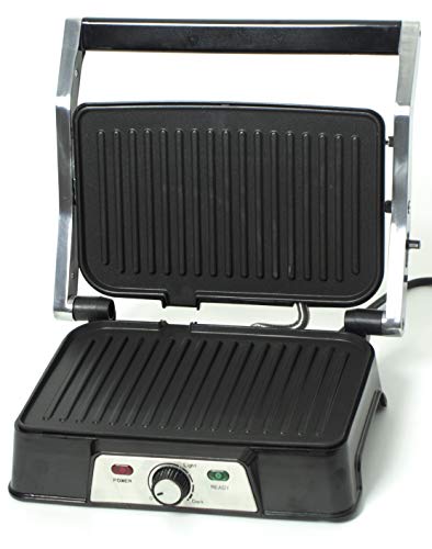 Rebajas !! Parrilla Eléctrica de contacto 3 en 1, Grill, Pannini y Plancha de Asar, Regulador de Temperatura, Apertura 180º, Superficie 28,7 x 17 cm, Acero/negro, EASY GRILL