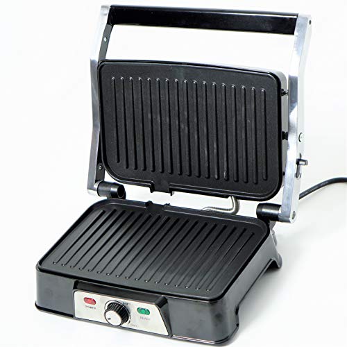 Rebajas !! Parrilla Eléctrica de contacto 3 en 1, Grill, Pannini y Plancha de Asar, Regulador de Temperatura, Apertura 180º, Superficie 28,7 x 17 cm, Acero/negro, EASY GRILL