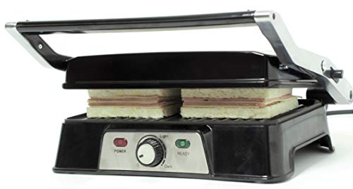 Rebajas !! Parrilla Eléctrica de contacto 3 en 1, Grill, Pannini y Plancha de Asar, Regulador de Temperatura, Apertura 180º, Superficie 28,7 x 17 cm, Acero/negro, EASY GRILL