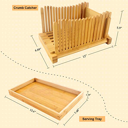 Rebanadora de pan plegable de bambú, guía ajustable para cortar pan con bandeja de recogida de migas para pan casero, pasteles, bagels, ligero estrecho 3 diferentes espesores