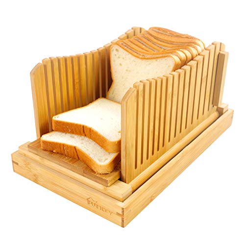 Rebanadora de pan plegable de bambú, guía ajustable para cortar pan con bandeja de recogida de migas para pan casero, pasteles, bagels, ligero estrecho 3 diferentes espesores
