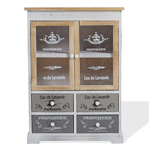 Rebecca Mobili Mueble Aparador Almacenar 4 Cajones 2 Puertas Madera Paulownia Blanco Beige Gris Shabby Cocina Salón - 81 x 58 x 30 cm (A x AN x FON) - Art. RE4479