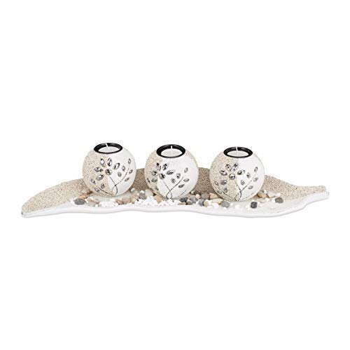 Relaxdays 10022858 Portavelas Decoración Con Cuenco Decorativo y Velas Pequeñas, 9 x 50,5 x 16,5 cm, Beige-Blanco