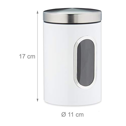 Relaxdays 10027647_49 Tarro con Tapa y Ventana, 1,4 L, para café, harina, Pasta, Cocina, Metal, Color Blanco