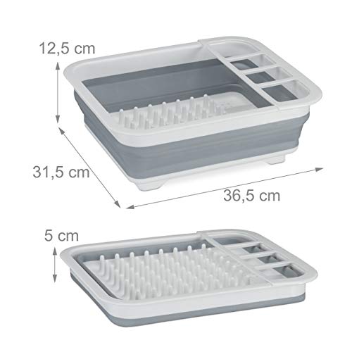Relaxdays 10027853_111 Escurreplatos Plegable, Escurridor Cubiertos y Platos, Plástico-Silicona, 1 Ud, 12,5x36,5x31,5 cm, Blanco-Gris