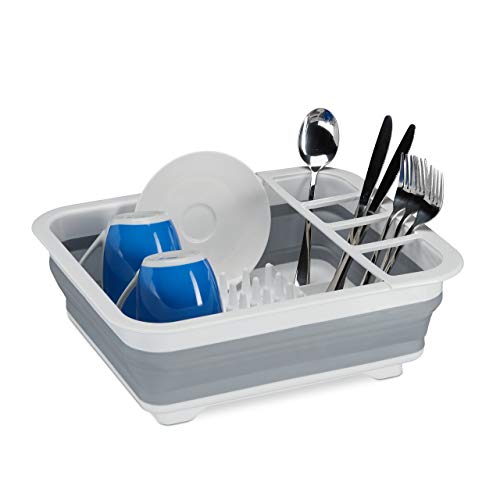 Relaxdays 10027853_111 Escurreplatos Plegable, Escurridor Cubiertos y Platos, Plástico-Silicona, 1 Ud, 12,5x36,5x31,5 cm, Blanco-Gris
