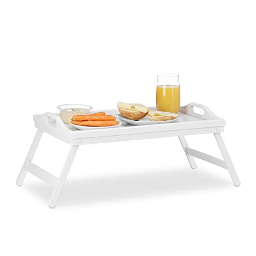 Relaxdays Bandeja Cama con Asas y Patas Plegables, Madera, Blanco, 22 x 61,5 x 30 cm